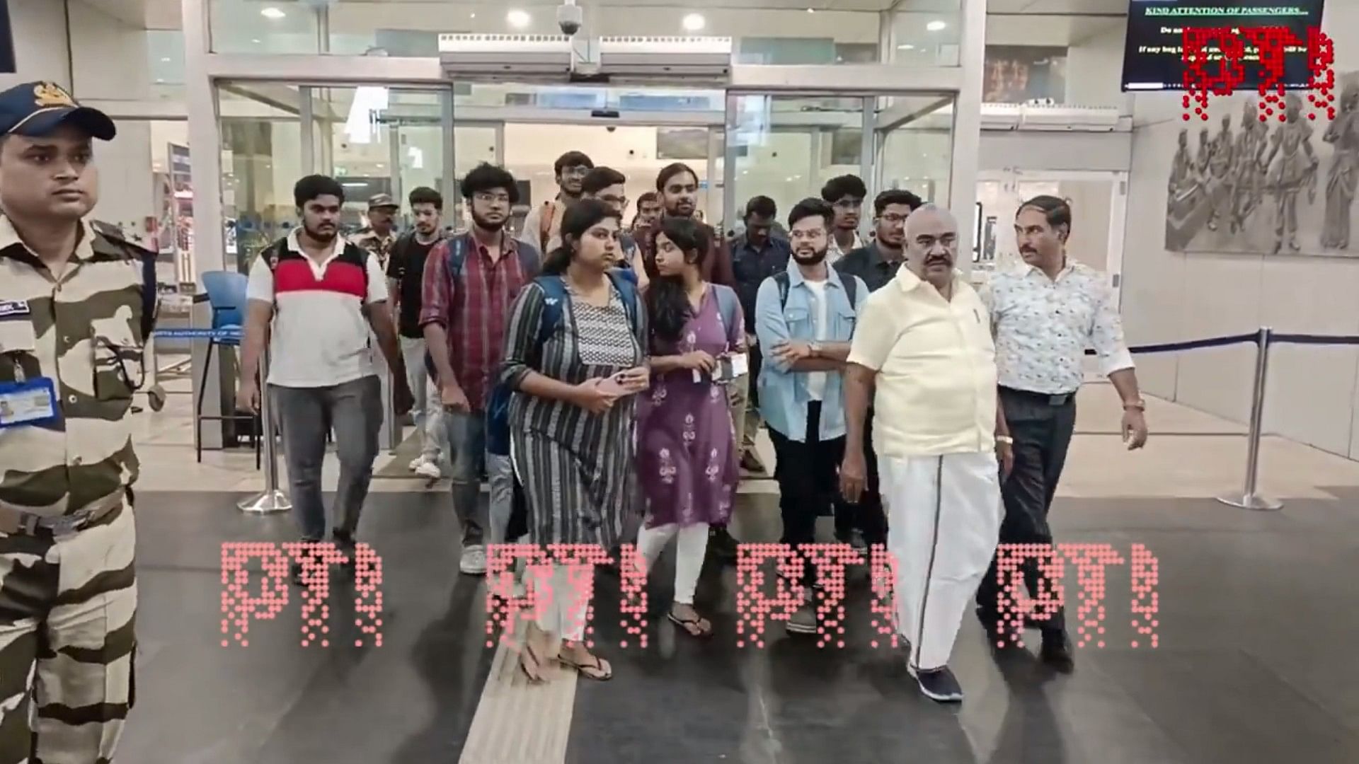 <div class="paragraphs"><p>Screengrab from the video showing the students at Chennai airport.</p></div>